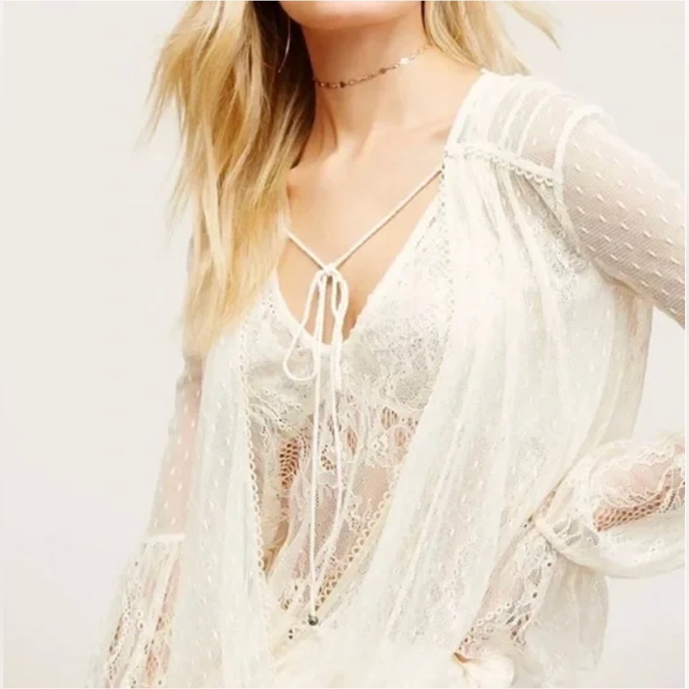 Free People Far Away Lace Blouse Medium Cream Sheer Boho Romantic Top - Picture 7 of 16